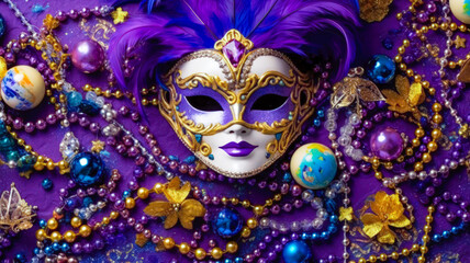 Fototapeta na wymiar Purple and Gold Mardi Gras Banner with Mask Beads and Ornaments Celebrate the Carnival Season AI Generative