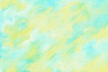 水色と黄色のまだら模様の夏っぽいアブストラクト背景（水彩イラスト）