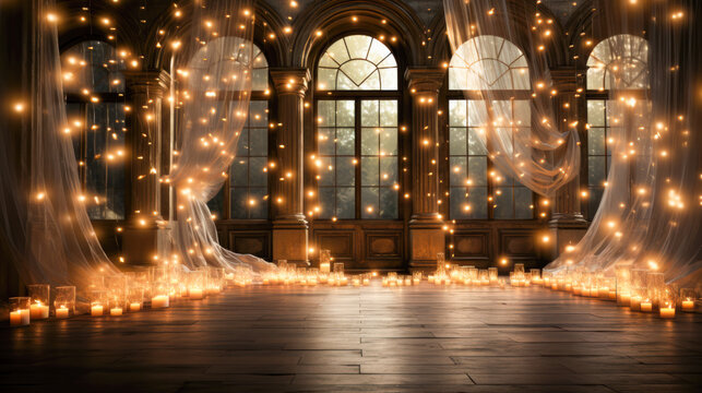 Enchanting Night View of a Ballroom with Fairy Lights and Drapes Perfect for Holiday Cards and Event AI Generative
