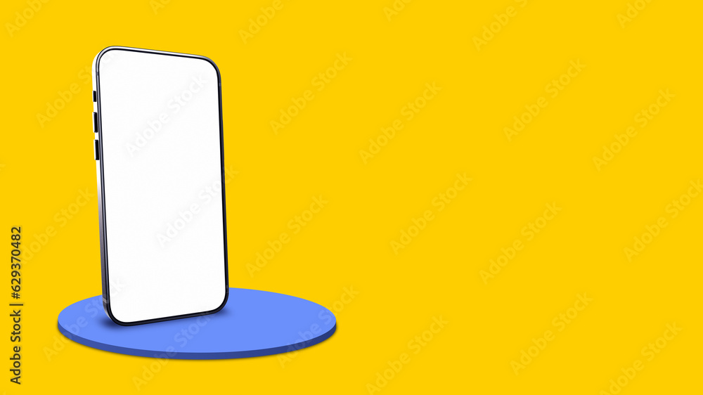 Poster phone mock up. smartphone with blank white screen. cellphone on yellow. copy space on phone screen. 