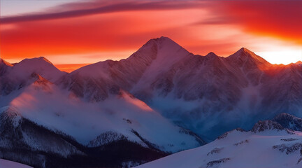  fiery sunset cascading over the snow-capped peaks of the mountain range.