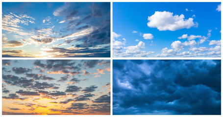 Sky in different weather. Set of sky panoramas. Clouds at sunset. Sunny sky. Evening clouds. Overcast with lightning and thunderstorm. Collection clouds in different weather. Natural landscapes.