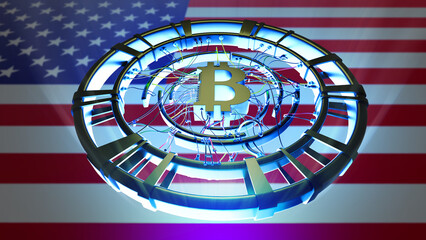 Bitcoin technology in USA. Flag of united states of America. Bitcoin technology. Cryptocurrency symbol. Bitcoin logo. Use of digital money in USA. Buying cryptocurrencies by USA citizens. 3d image