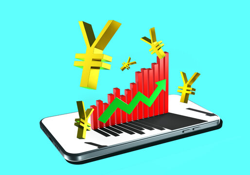 Rise of yuan. Chart on phone. China's financial system. Smartphone with yuan symbols. Growing graph on turquoise. Growth of investment in yuan economy. National currency PRC. 3d image