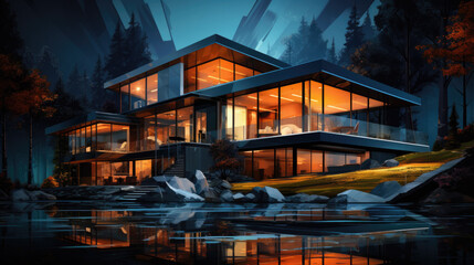 modern expensive luxury villa with a pool in front at dusk night. illustration. Generative AI