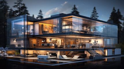 a modern luxury villa with a pool in the evening. Generative AI