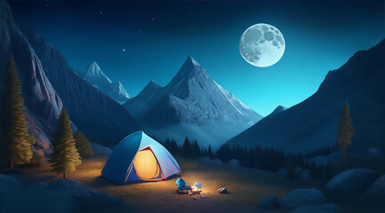 Camping in the mountains in night and moon day
