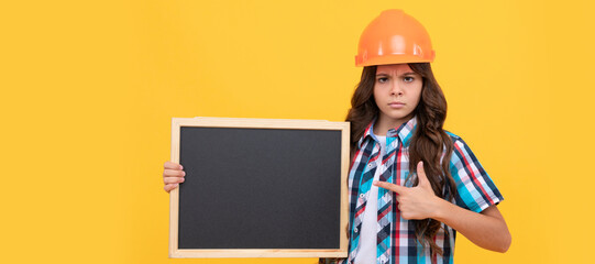 child advertising labor day. back to school. kid presenting novelty information. Child builder in...