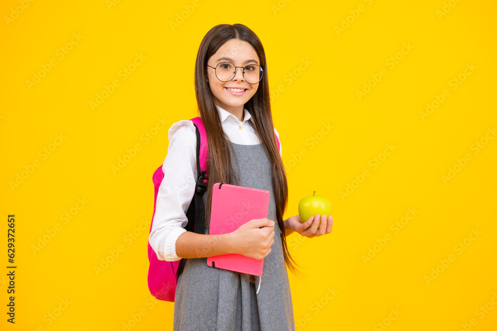 Poster school kids concept. back to school. schoolchild, teenage student girl with bagpack hold apple and b