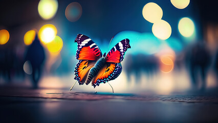 Fototapeta na wymiar Butterfly on the street at night with bokeh background