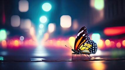 Butterfly on the street at night with bokeh background