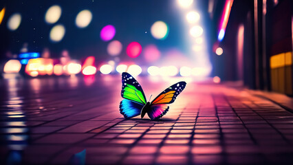 Butterfly on the street at night with bokeh background