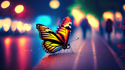 Fototapeta na wymiar Butterfly on the street at night with bokeh background