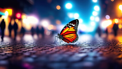 Naklejka na ściany i meble Butterfly on the street at night with bokeh background