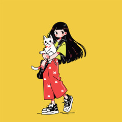 Girl and cat cartoon illustration
