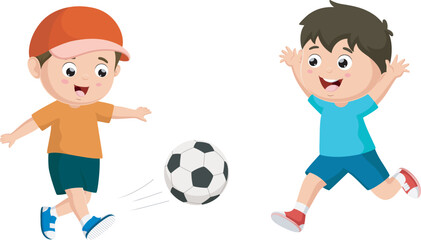 Cute little kids cartoon playing soccer