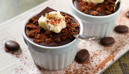 chocolate dessert with cream and amaretti in cups, close-up