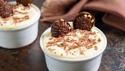 chocolate dessert with cream and amaretti in cups, close-up
