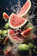 A watermelon flying and smashing into pieces illustration made with Generative AI