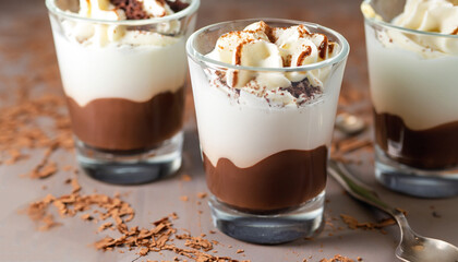 chocolate dessert with cream and amaretti in cups, close-up