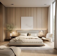 The elegant and modern bedrooms of the apartment feature minimalist Zen style wooden walls with single beds with soft natural light and natural elements comfortable spacious space.