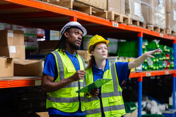 Group worker warehouse working brainstorm checklist product to shelf in warehouse store. Logistics factory industry supervisor manufacture. business logistics and transport.