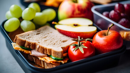 school lunch with sandwich with tomato and cheese