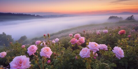 Fototapeta premium Natural beauty podium backdrop with spring rose flower field. 3D Illustration