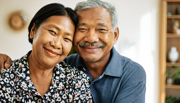 Retired couple hugging with a smile. High quality photo