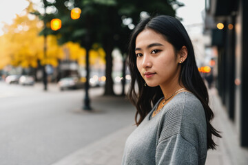 portrait of a woman in a city. Generative AI