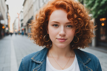 Beautiful red-haired woman in a city. Generative AI