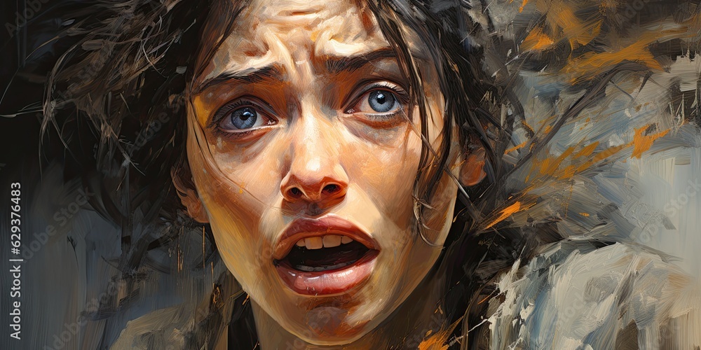 Wall mural oil painting of close up portrait scared girl is screaming out loud, generative ai