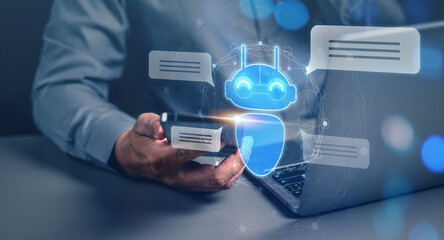 technology, artificial intelligence, robot, ai, futuristic, innovation, business, digital, connection, communication. touching at smartphone to training artificial intelligence and robot innovation.