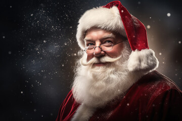 Advertising portrait of friendly Santa Claus looking and smiling at camera in studio production.