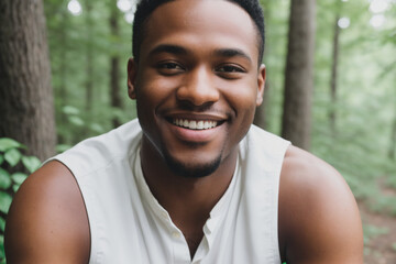 Black man, happy, in an environment that resembles a park. Generative AI