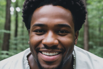 Black man, happy, in an environment that resembles a park. Generative AI
