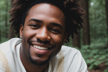 Black man, happy, in an environment that resembles a park. Generative AI