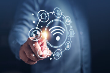 Fototapeta premium technology, internet, screen, control, innovation, iot, smart, assistant, business, futuristic. touching at iot smart HUD. wireless is center that's, around has smart asset, futuristic and innovation.
