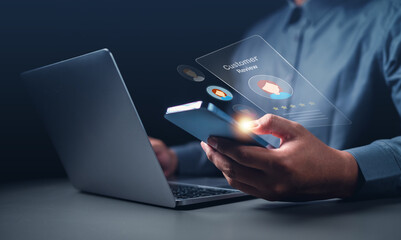 feedback, quality, rating, review, survey, experience, user, opinion, consumer, customer. touching at smartphone to view customer experience and feedback. rating quality from survey to useful business