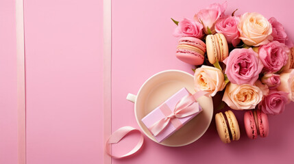Feminine and Sweet Mothers Day Banner with Roses Macarons and Gift Box on a Pink Background AI Generative