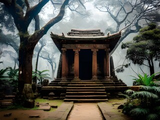 abandoned temple in winter forest