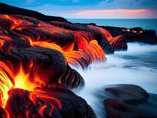 Ocean waves with lava and fire, dark smoke rises to the top.