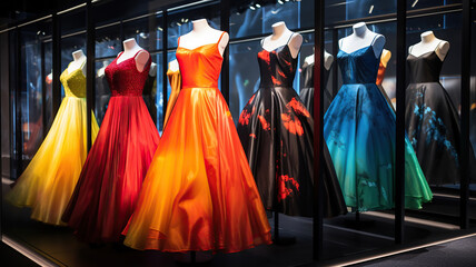 Store display featuring dresses of different colors in glass display cases