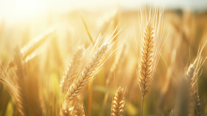 Wheat field in the sunlight with a sun rising behind it