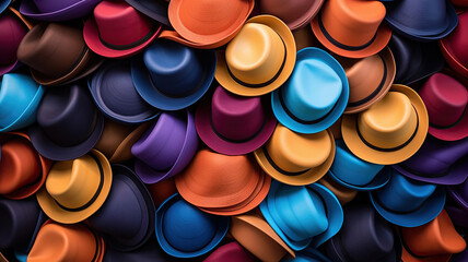 Colorful hats neatly arranged in a stack against the wall
