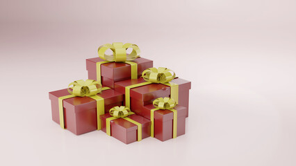 Christmas and New Year's Day, group red dark gift boxes on pink background. 3D render image.