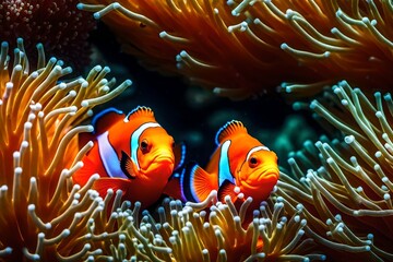 orange clownfish hides in a beautiful anemone generated by AI tool - obrazy, fototapety, plakaty