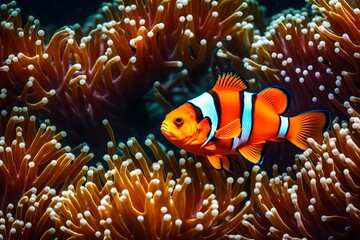 orange clownfish hides in a beautiful anemone generated by AI tool - obrazy, fototapety, plakaty