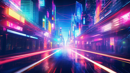 Fototapeta na wymiar trails on the street neon lights merging and intertwining road