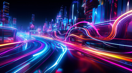 vibrant neon lights merging and intertwining, creating a stunning fusion of colors and shapes trails on the highway